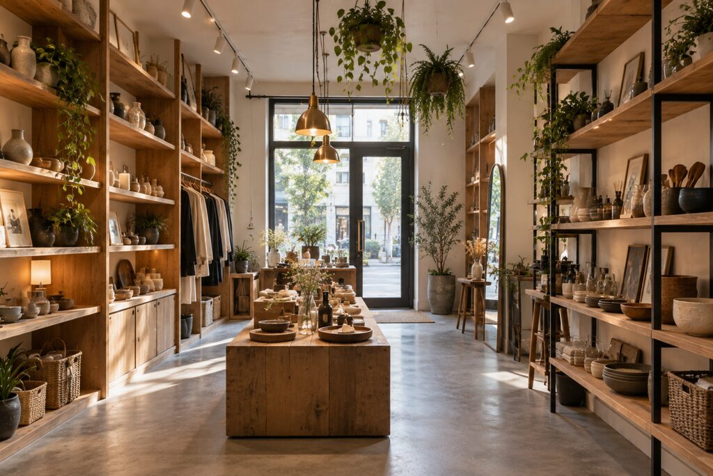 木の棚に器や雑貨を並べ、植物を吊るした明るい雑貨店